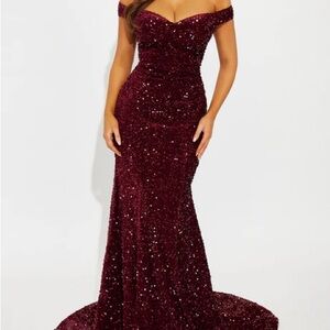 Fashion Nova Burgundy Strapless Sequin Gown